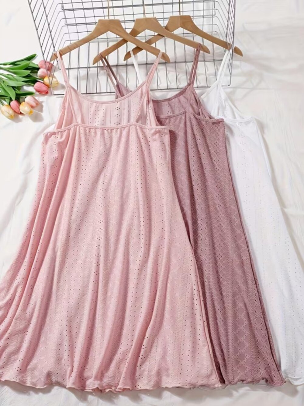 Jacquard Cami Slip Dress Nightgown 3pcs Set White, Blush, Mauve